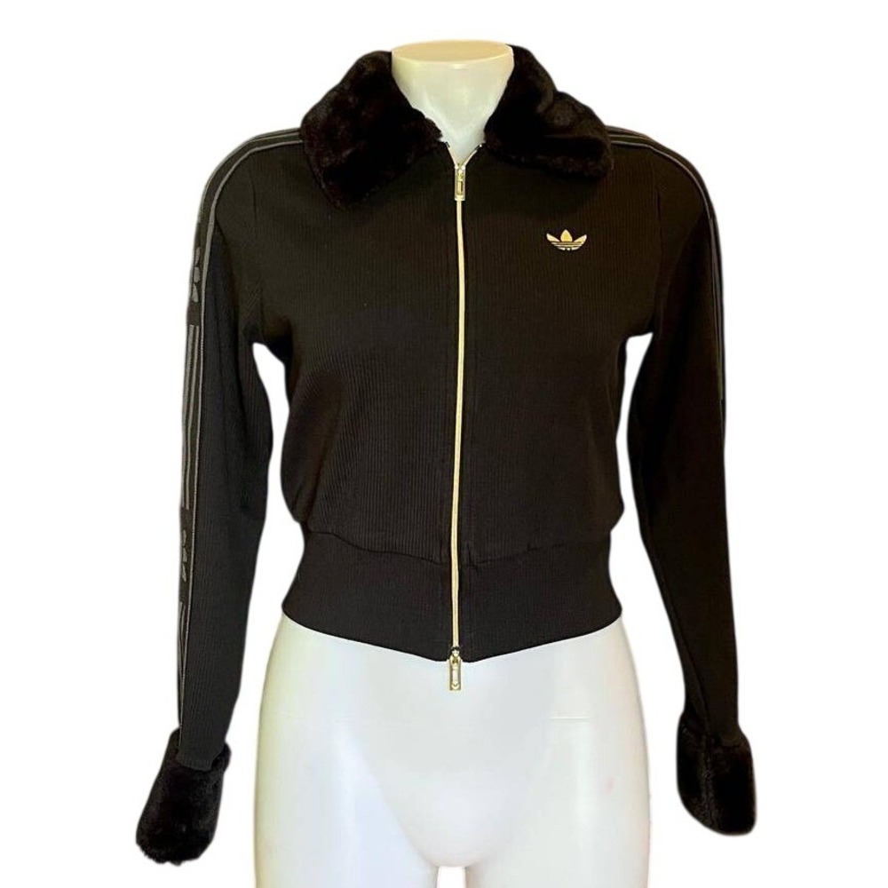 Adidas Faux Fur Trim Track Jacket Womens XS Black Streetwear Y2K Glam Athleisure